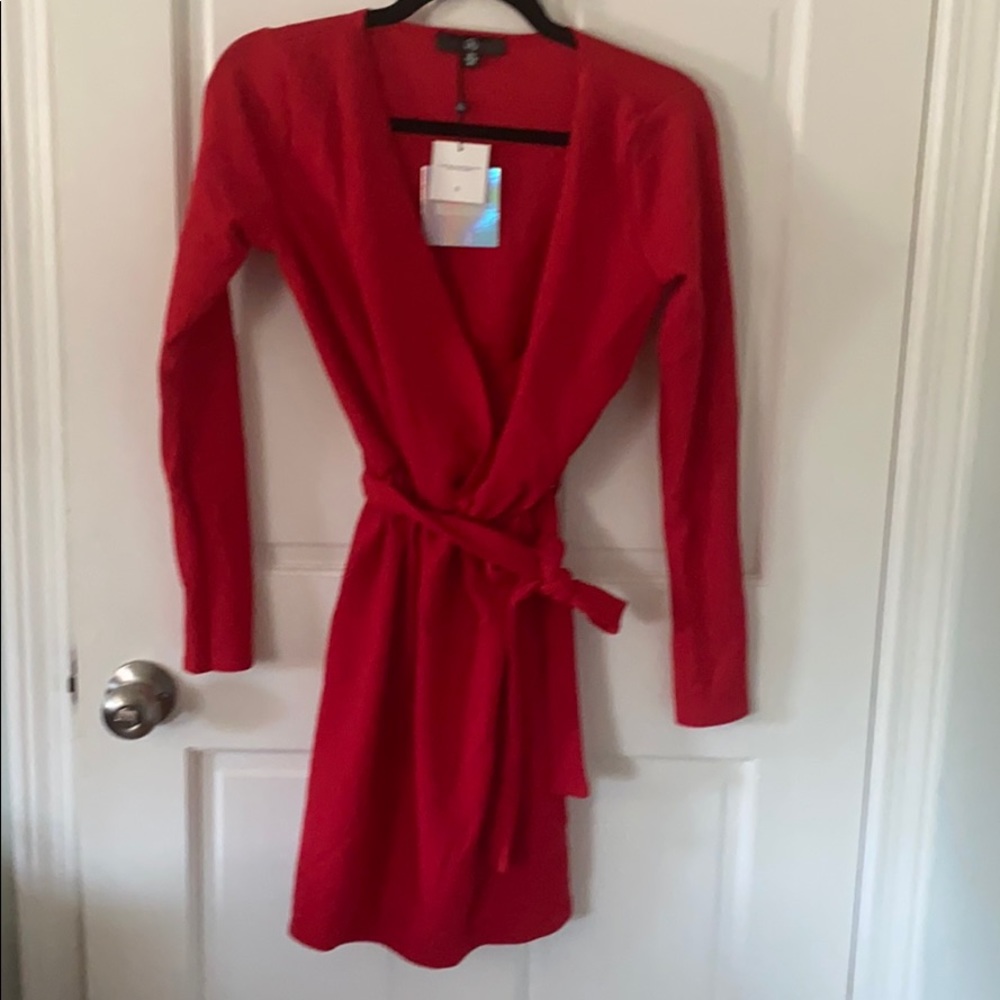 Plunge Neck Long Sleeve Red Dress